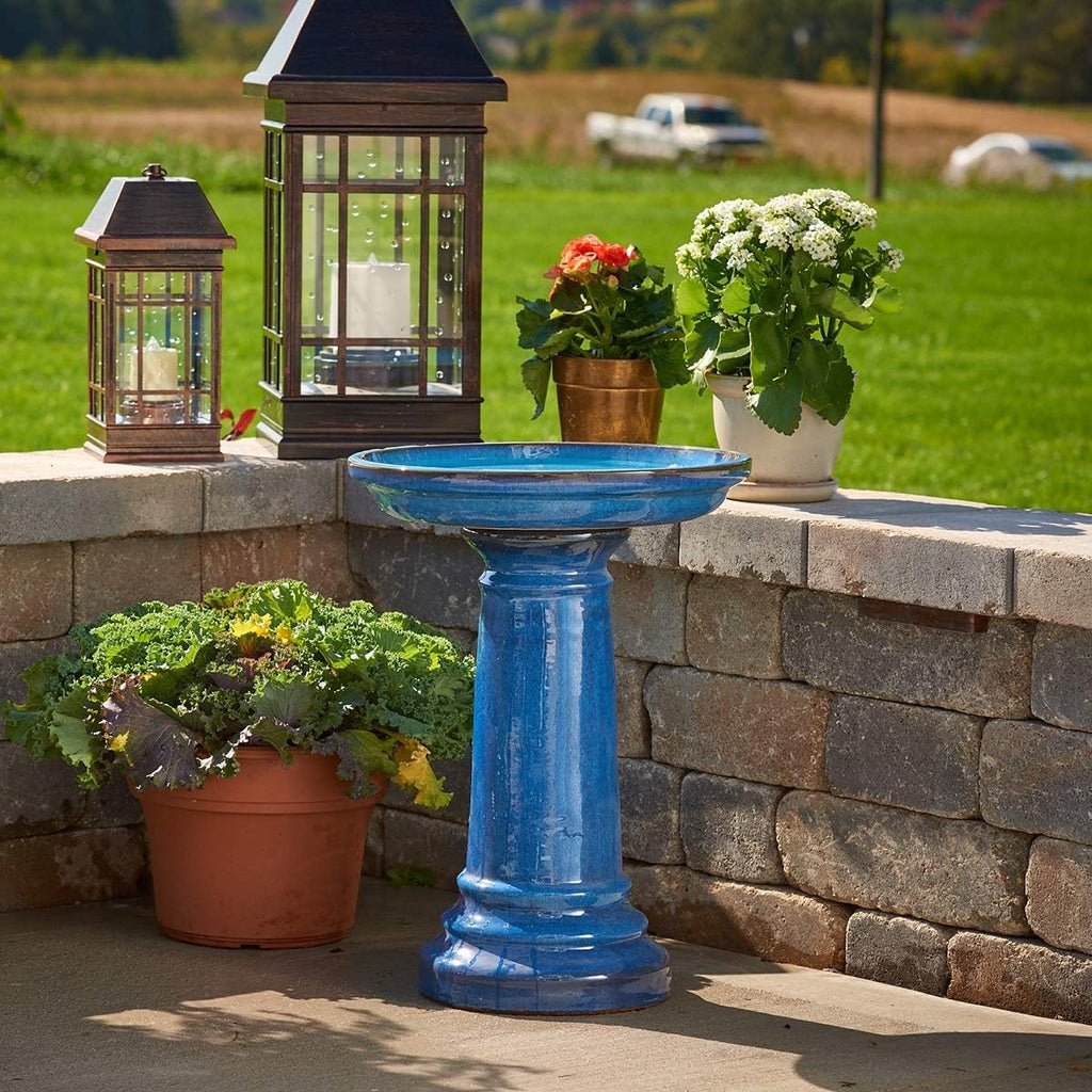 Aviatra Outdoor Ceramic Birdbath with Pedestal Stand and Glossy Finish, Elegant Traditional Birdbath for Garden, Blue