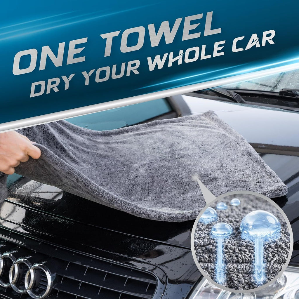 Car Drying Towel 24"x36" 1400GSM Edgeless Microfiber Towel, Ultra-Absorbent Auto Detailing Towel with Twisted-Loop