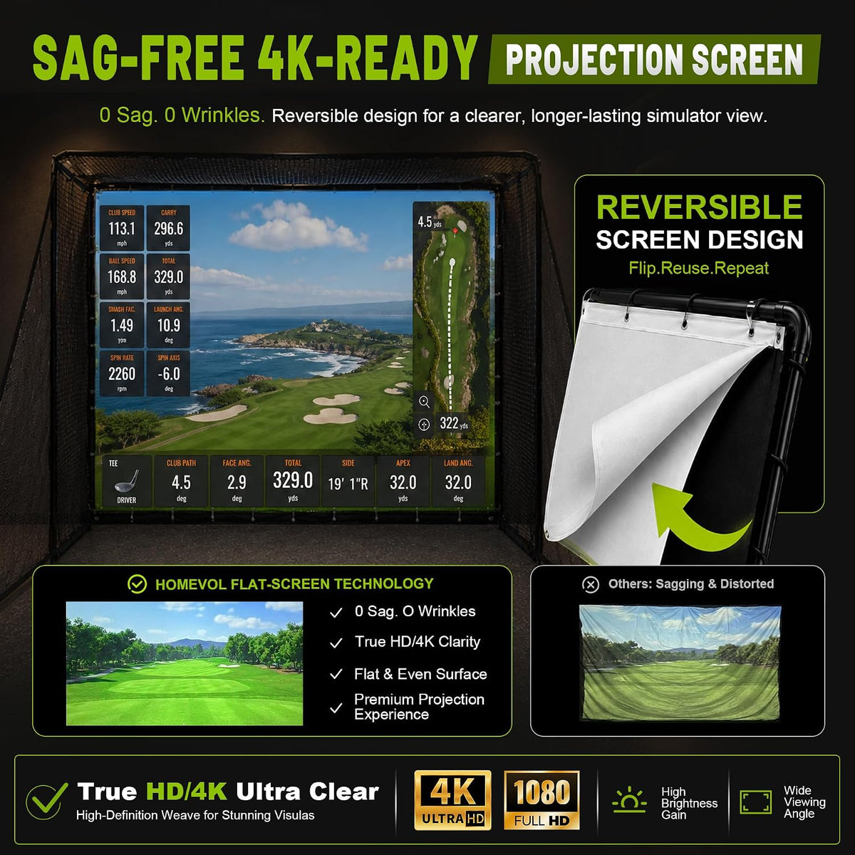 2 in 1 Golf Simulator Net System, 10 x 8ft Golf Practice Net Hitting Net with 4K-Ready Impact Screen, Target Cloth