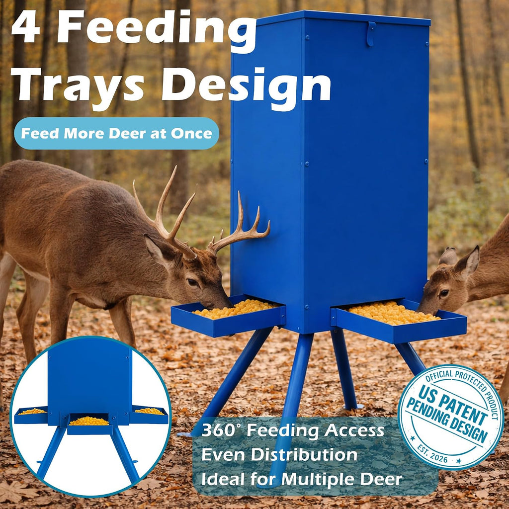 Deer Feeder 60-70 lbs, Weatherproof Deer Feeders, Heavy Duty Metal Gravity Deer Feeder with 4 Feeding Tray and 4-Leg