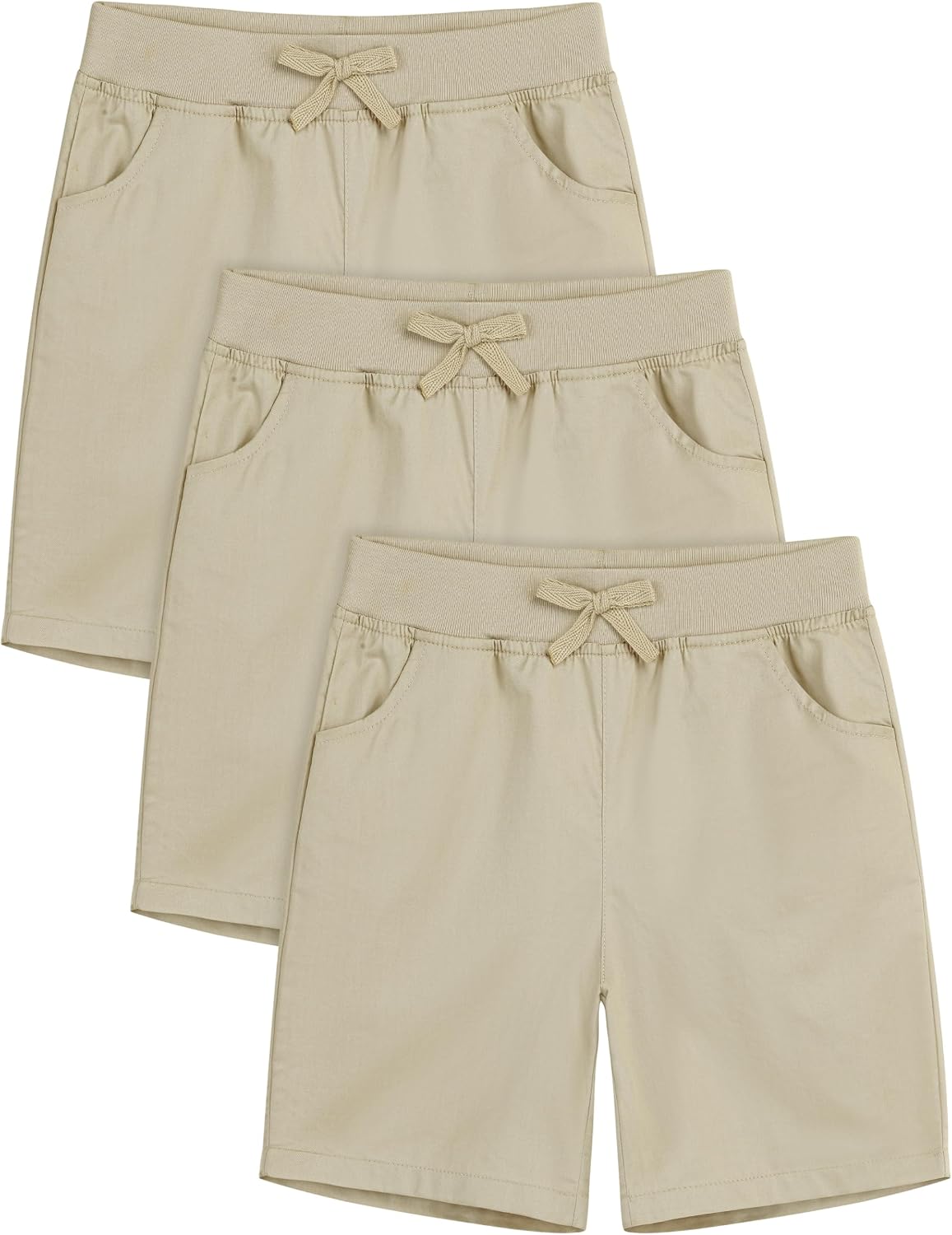 3 Pack Girls School Uniform Bermuda Shorts Pull-on Cotton Chino Elastic Waist Soft Play Shorts with Pockets 5-13Y