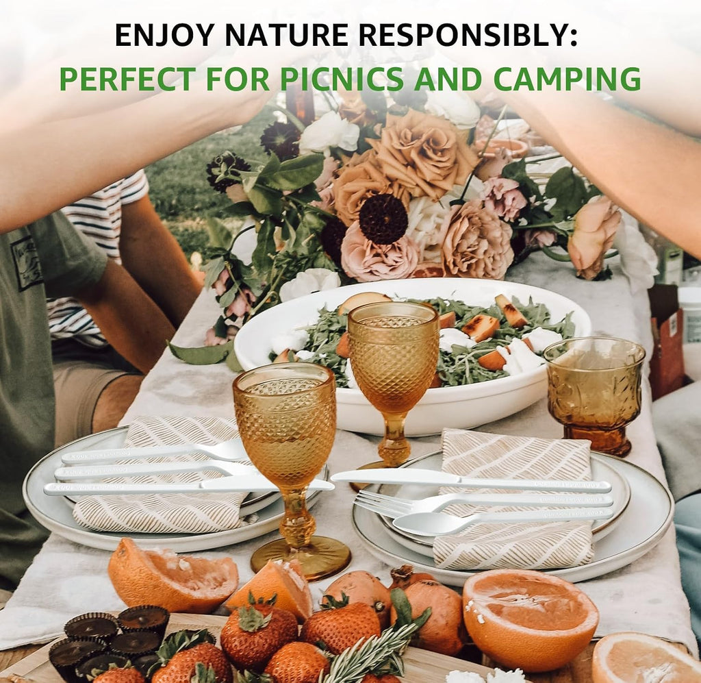 450 Counts Compostable Forks Spoons Knives Set Disposable Forks Utensils Heavy Duty Silverware Eco Friendly Flatware