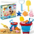 Beach Sand Toys Set for Toddlers, Portable Travel Beach Toys with Collapsible Bucket, Shovel, Rake, 3 Molds & Mesh