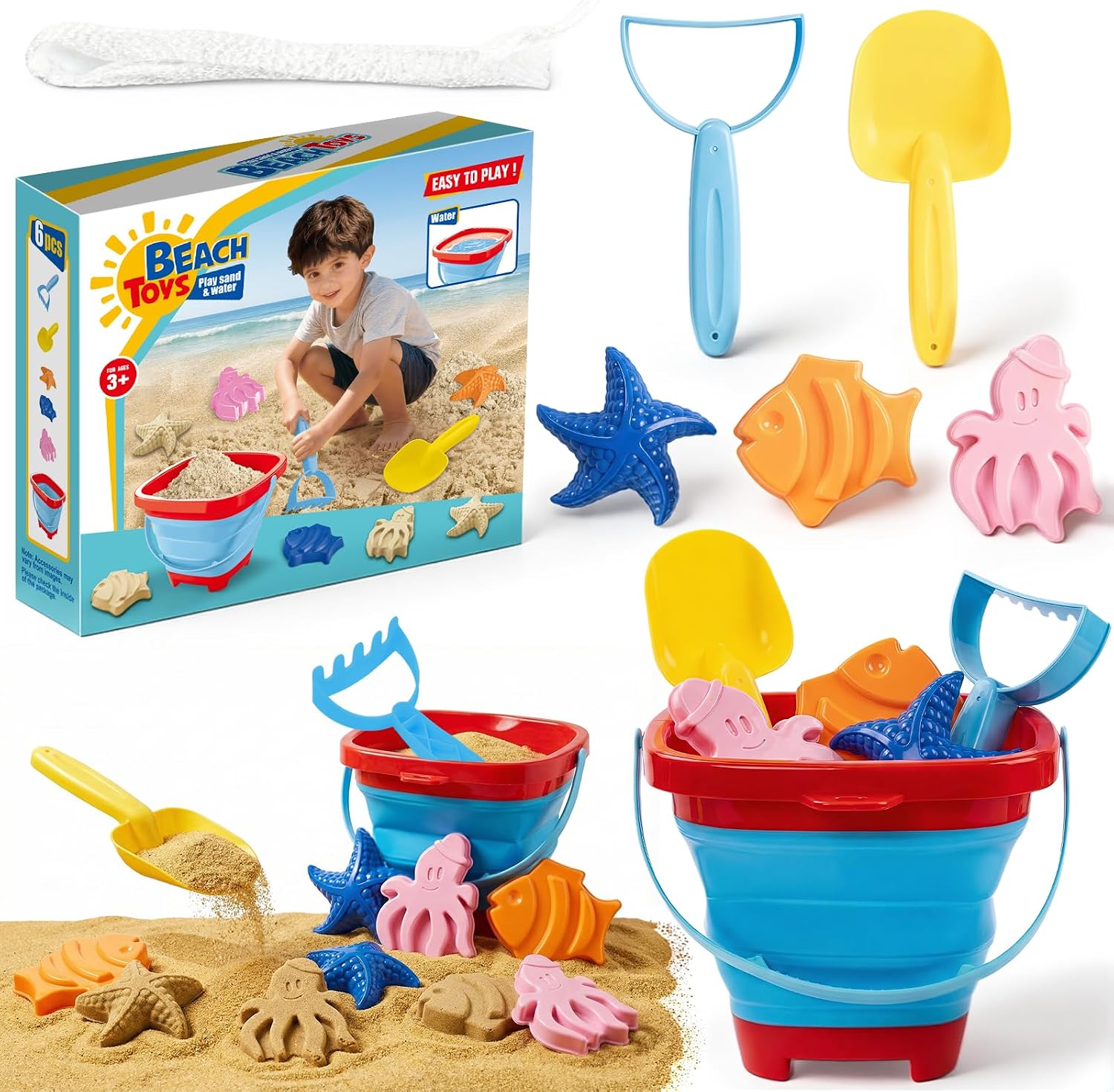 Beach Sand Toys Set for Toddlers, Portable Travel Beach Toys with Collapsible Bucket, Shovel, Rake, 3 Molds & Mesh