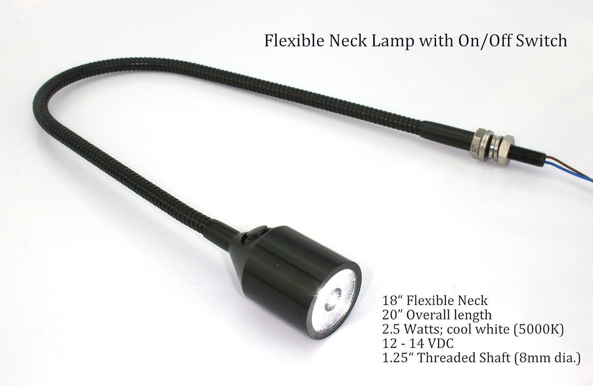 PilotLights Gooseneck Panel Light, Map Light, Post Light - White LED, 18" Length, 12VDC On/Off Switch