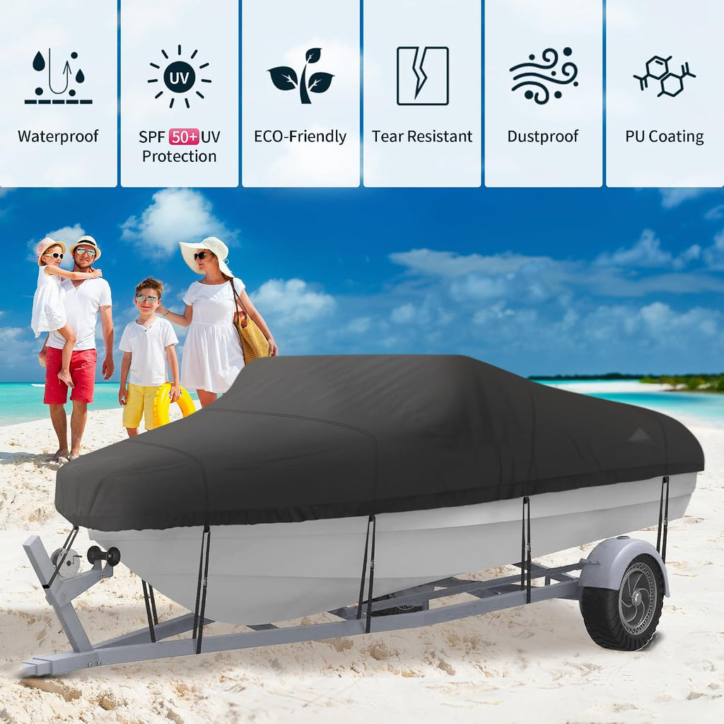 Trailerable Boat Cover, Length: 14’-16’ Beam Width: up to 90”, Waterproof Heavy Duty Cover, Fits V-Hull, TRI-Hull