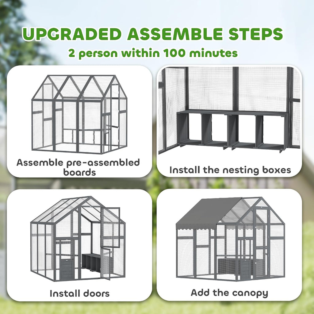 Large Wooden Chicken Coop for 6-8 Hens 66" x 72" x 72" Gray