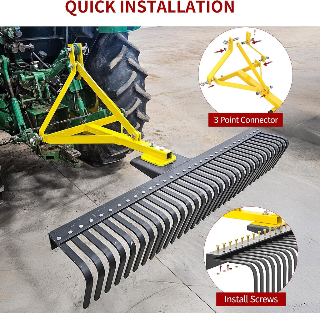 3 Point Landscape Rock Rake for CAT 1, 5 FT Attach Tractor Rake | 32 Heavy Duty Steel Tines, 360 Degree Rotation