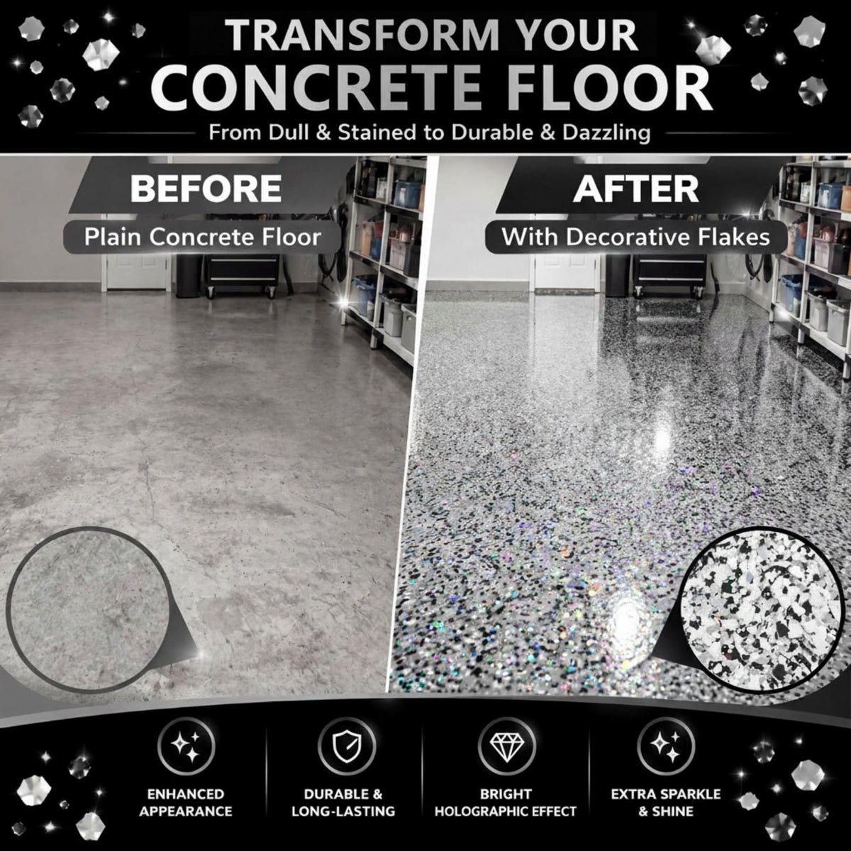 2 lb Sparkle Epoxy Floor Flakes, 6-8 mm Blend Color Chip with Glitter