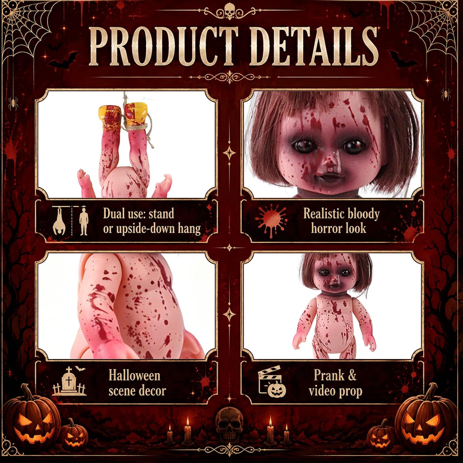 Halloween Creepy Doll Scary Zombie Haunted Doll Decoration PVC Ghost Statue Props for Indoor Outdoor Haunted House