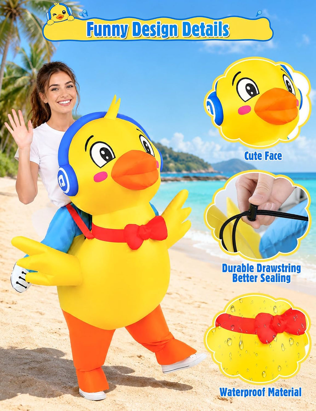 Inflatable Duck Costume for Adult Halloween, Blow Up Ride on Yellow Ducky Costume for Men Women, Funny Animal Outfit