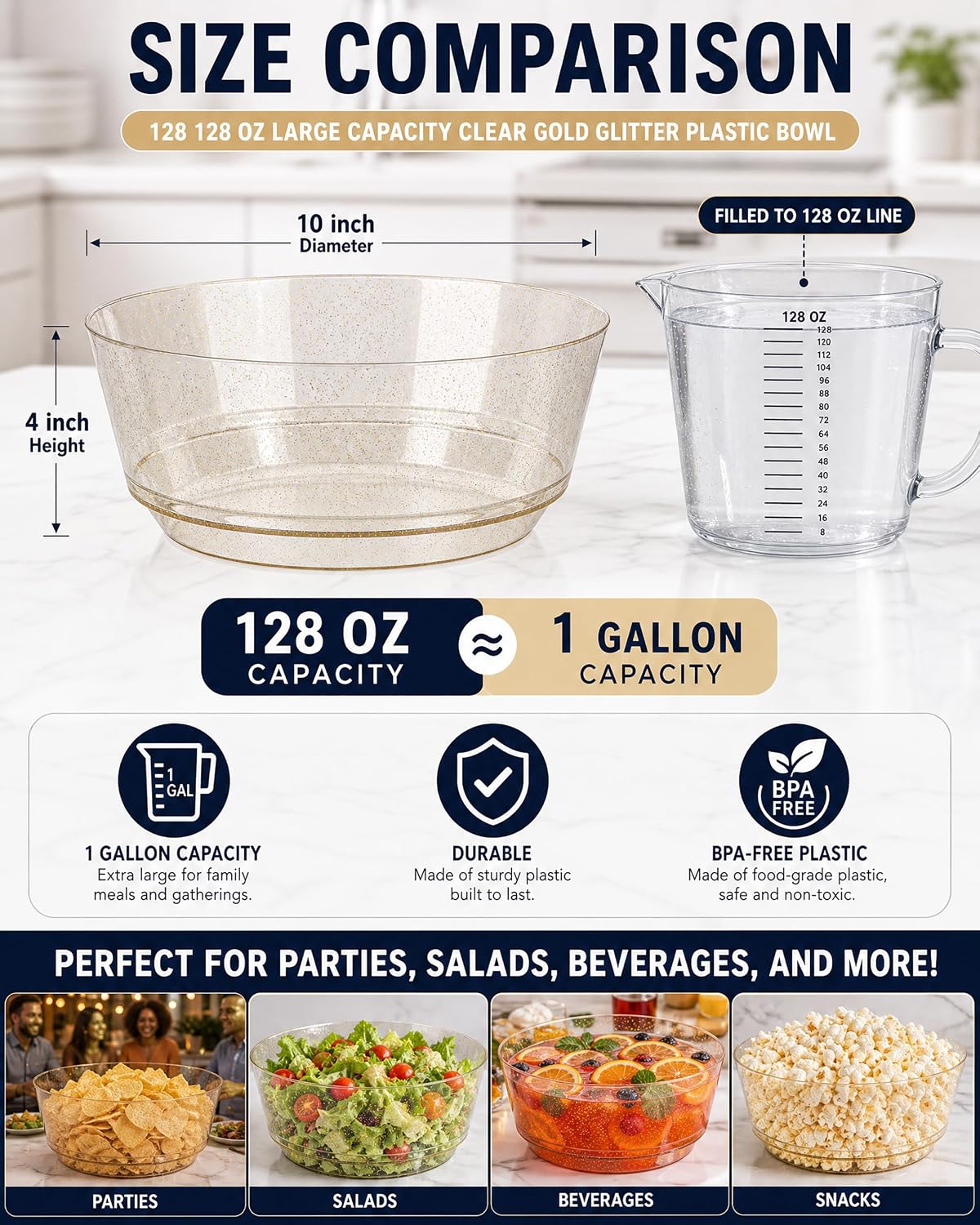 8 Pack Gold Glitter Serving Bowls for Buffet