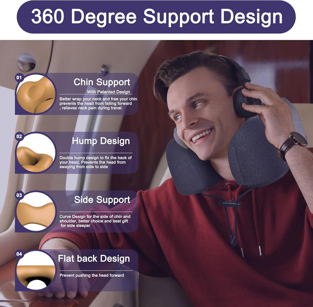 Neck Pillow for Traveling, Upgraded Travel Neck Pillow for Airplane 100% Pure Memory Foam Travel Pillow for Flight