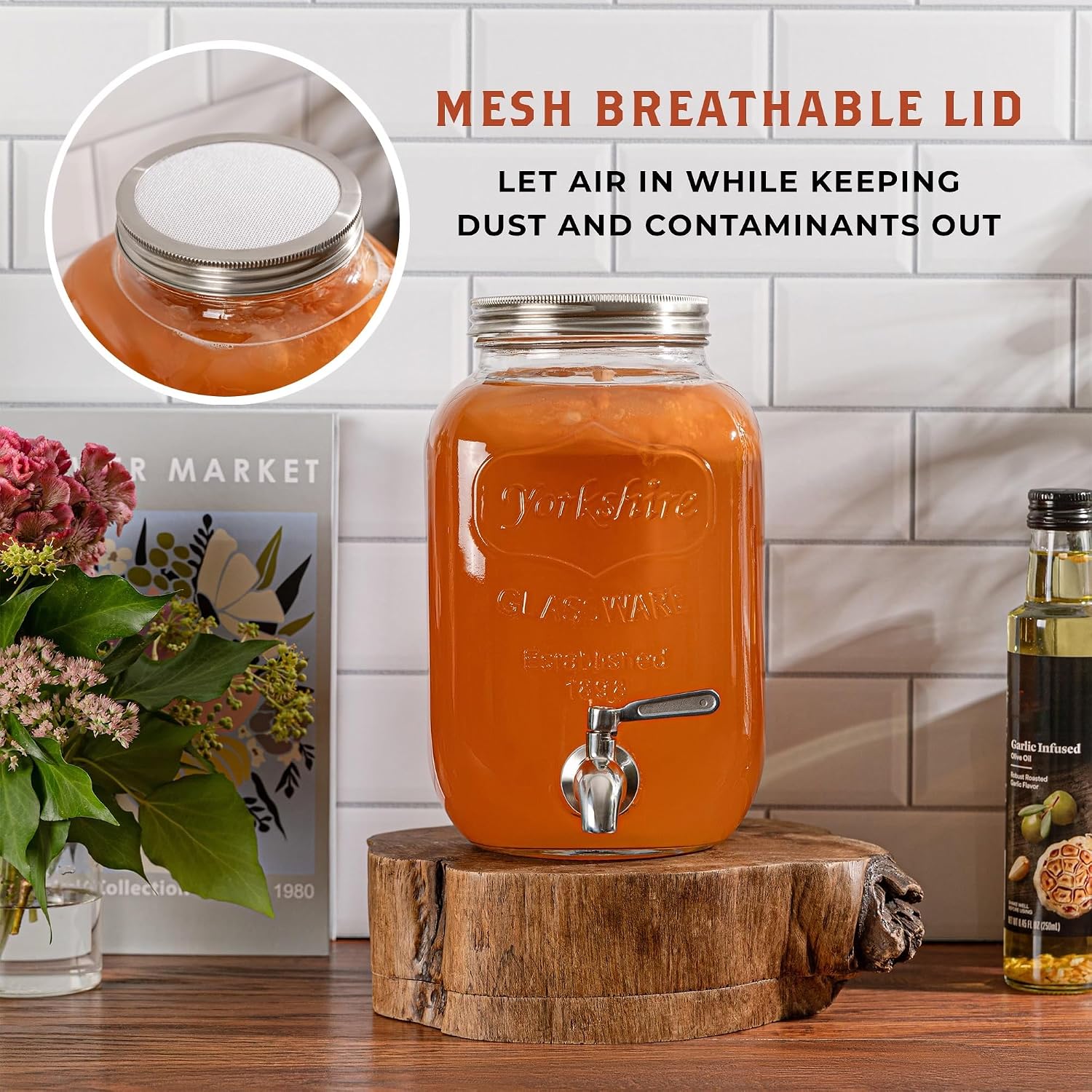 Kombucha Continuous Brewing Jar with Spigot - Gallon Glass Jar Dispenser & Scoby Starter Hotel with Mesh Lid &