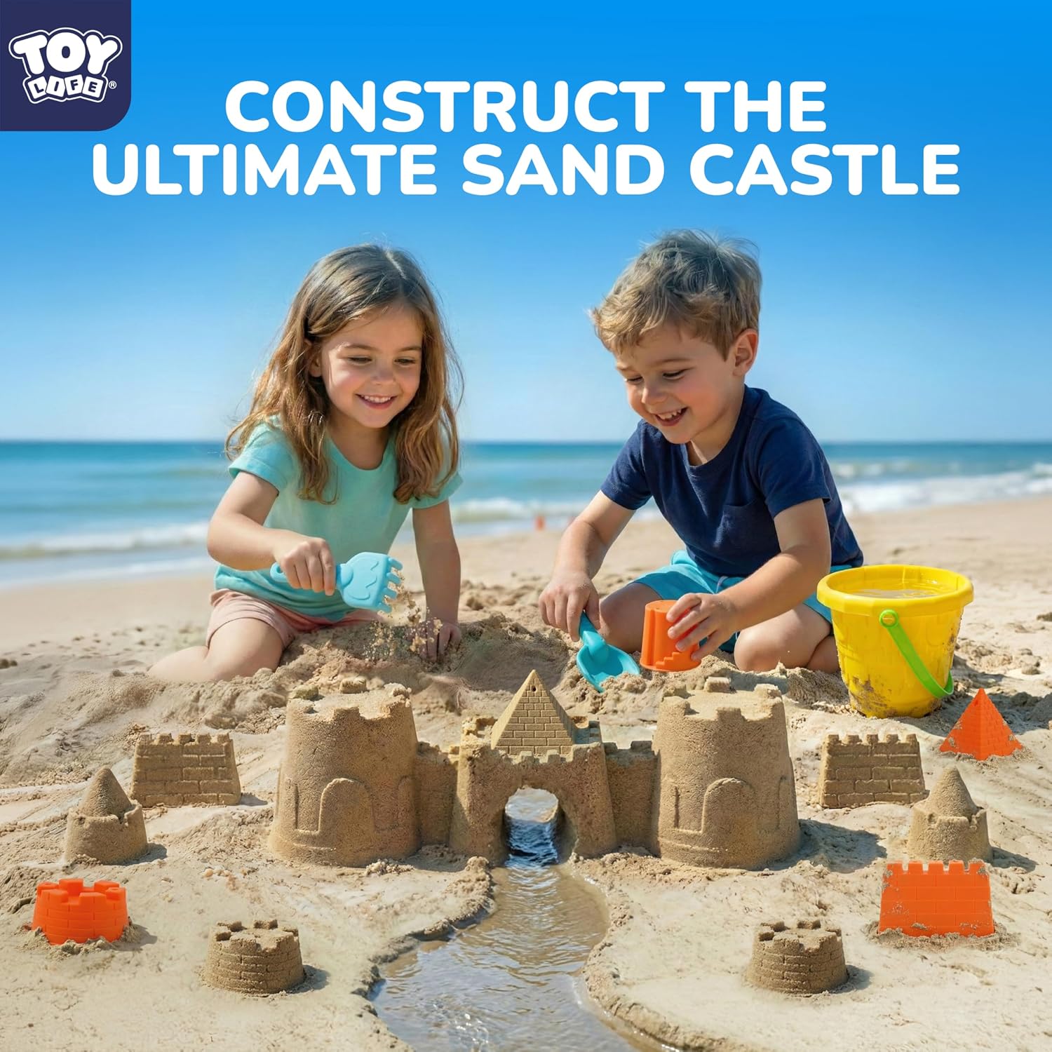 Beach Toys for Kids, 11-Piece Sand Castle Bucket & Sand Toys Set | 6 sand molds, 2 shovels, mesh bag, beach pail &