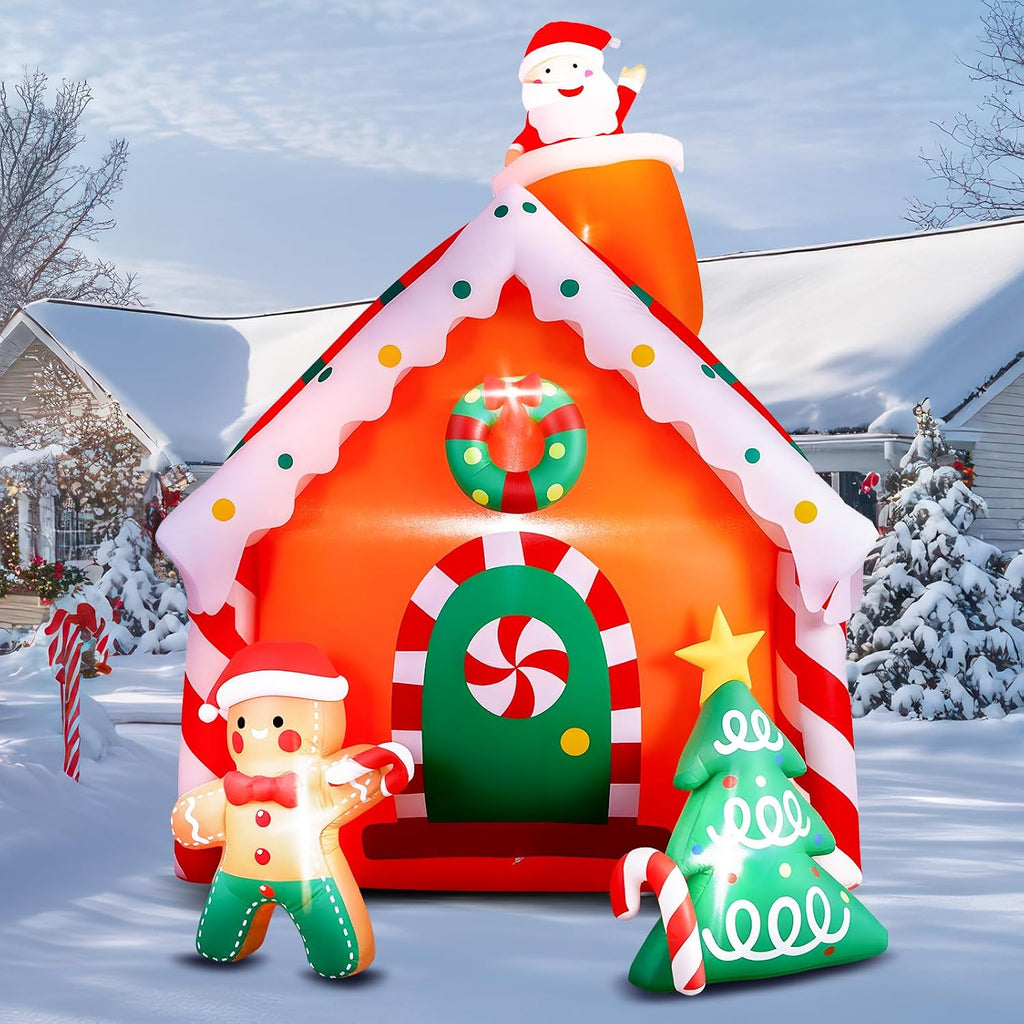 7.5 FT Tall Christmas Inflatables Gingerbread House Built-in LED Lights Blow Up Christmas Decor for Xmas Party