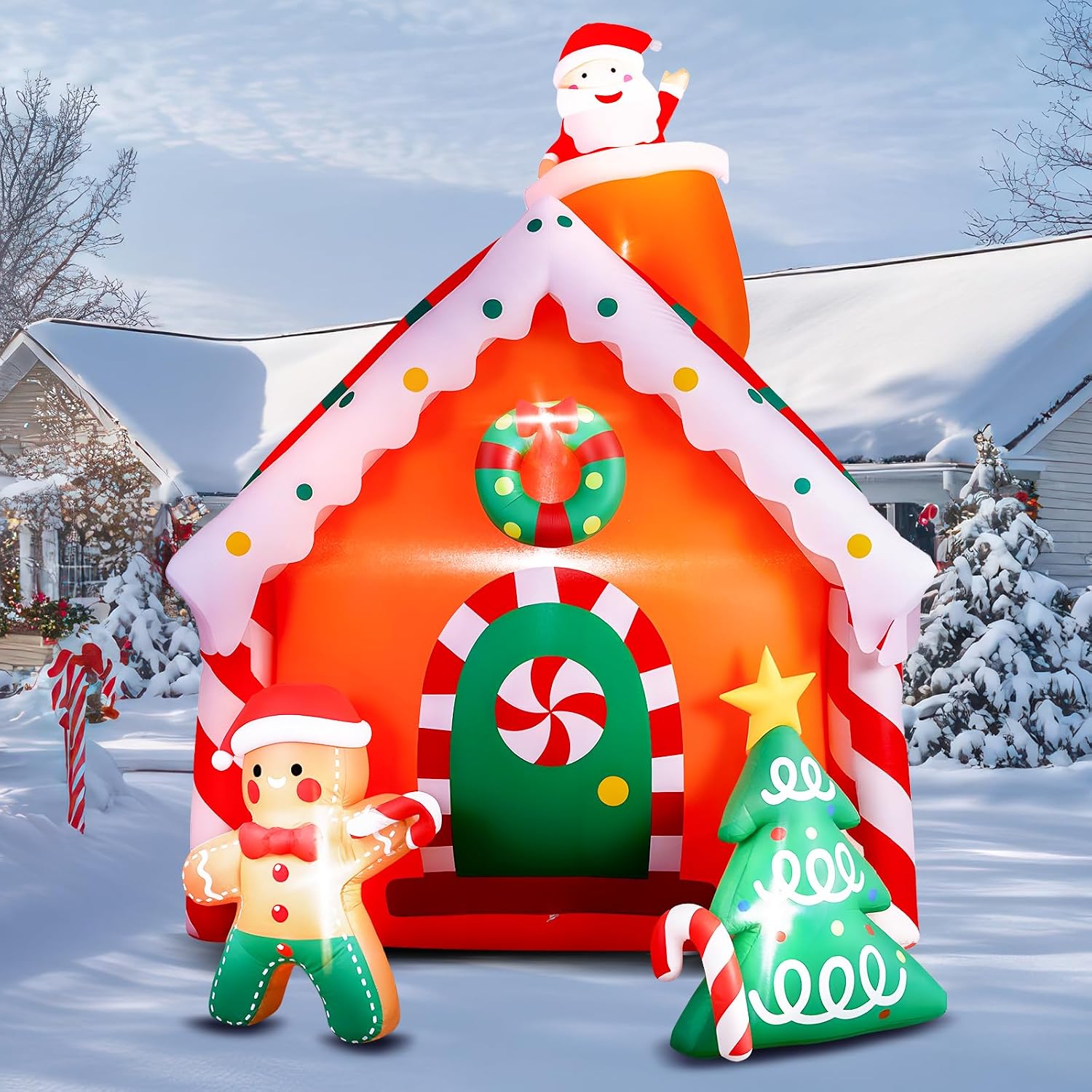 7.5 FT Tall Christmas Inflatables Gingerbread House Built-in LED Lights Blow Up Christmas Decor for Xmas Party