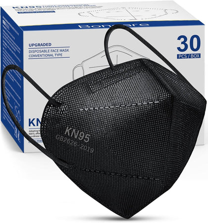 KN95 Face Mask 30 PCs, 5-Layer Black Face Mask for Men & Women Filter Efficiency≥ 95%, Breathable and Comfortable, Black