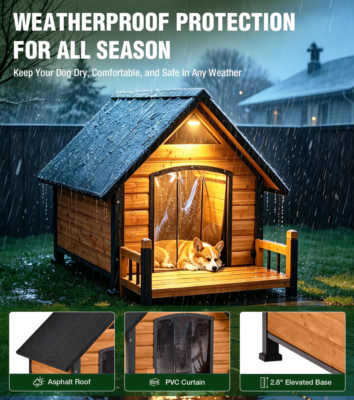 Dog House Outdoor Weatherproof with Iron Frame and Asphalt Roof