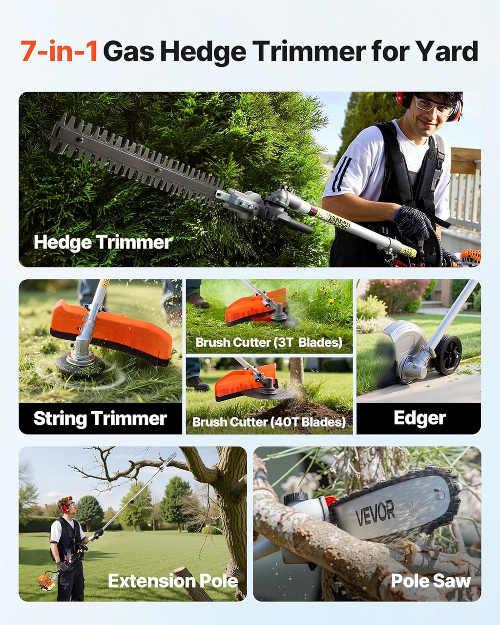 Gas Hedge Trimmer, 2 Cycle Gas Power Handheld Trimmer, 7-in-1 26cc Weed Eater with Extension Pole & Protective Gear