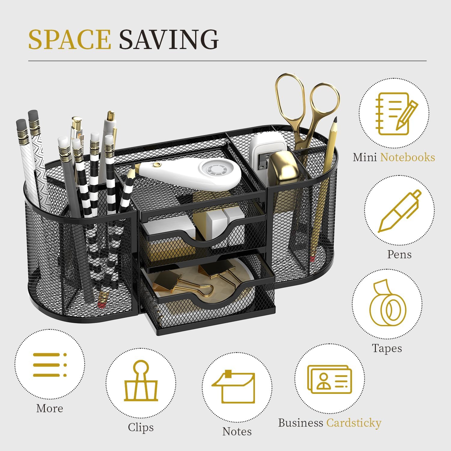 Mesh Desk Organizer, Desk Organizers and Accessories, Pen Holder with Drawers, Pencil Holder for Desk with 2 Drawer