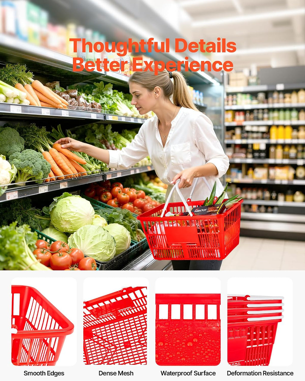 Shopping Baskets, 4 PCS, 21L Stackable PE Plastic Grocery Baskets with Handles, Dense Mesh Structure, Holds up to 20