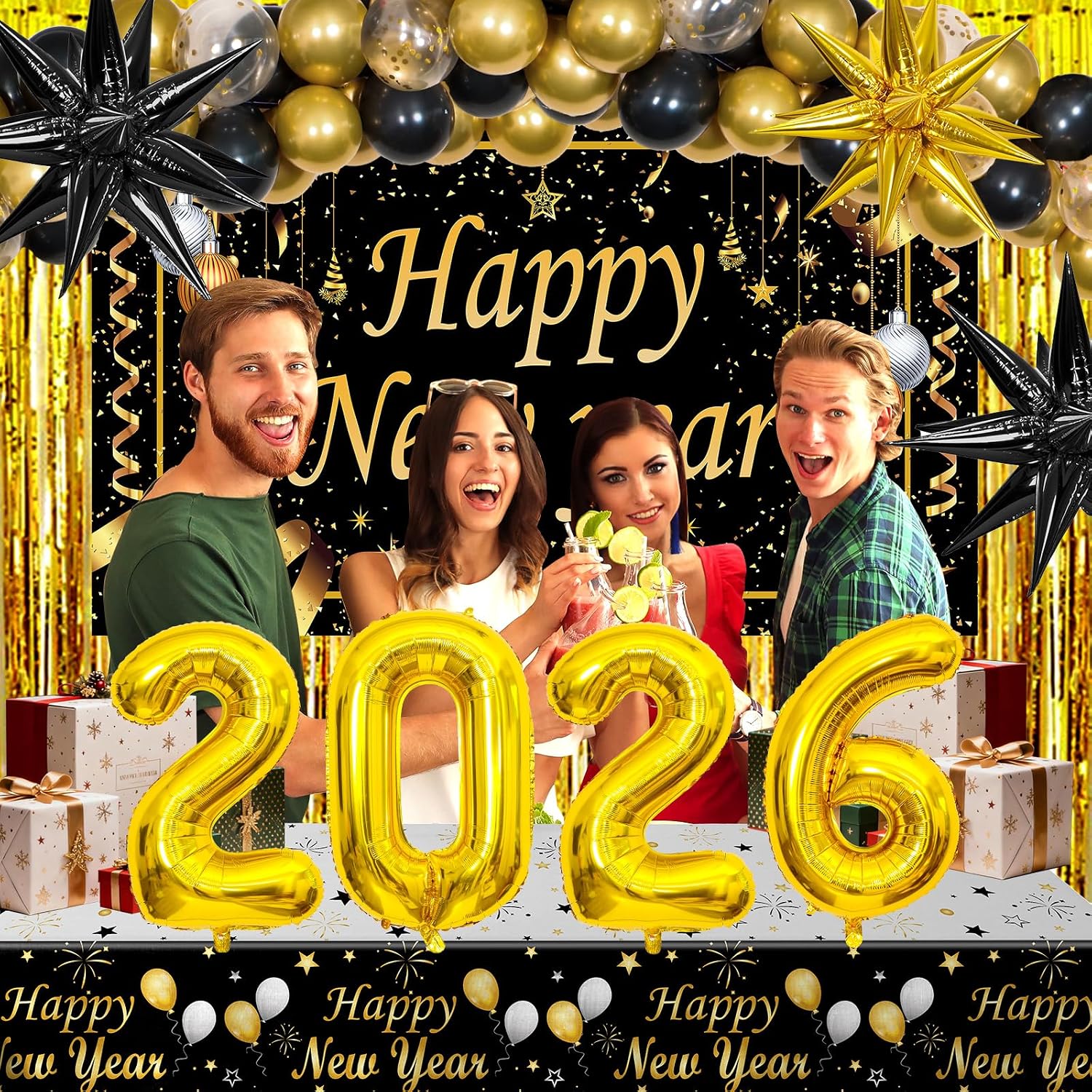 Happy New Year Decorations 2026, New Years Eve Party Supplies 2026 Black and Gold Happy New Year Banner Backdrop New