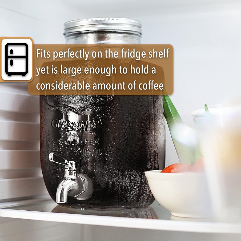 BTaT- 1 Gallon Cold Brew Coffee Maker, Thick Glass Pitcher | Stainless Steel Filter, Lid & Spigot Iced Coffee Sun Tea