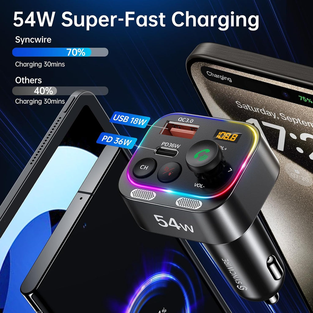 Bluetooth 5.4 FM Transmitter Car Adapter 54W with Light Switch | [Stronger Dual Mics] [HiFi Bass Sound] [Fast