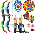 2 Pack Bow and Arrow Toy with LED Light - 4 in 1 Archery & Dart Game Set with 20 Suction Cup Arrows, Shark Glow