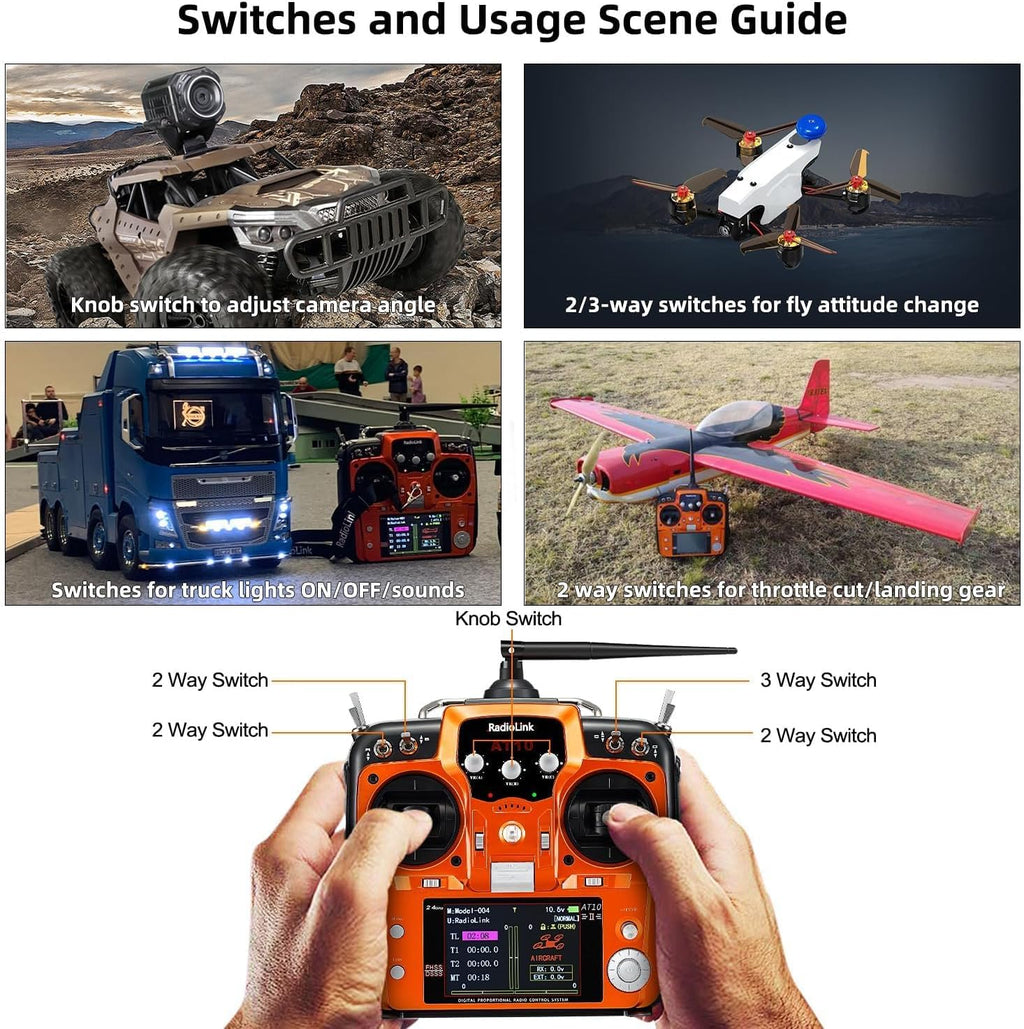 AT10II 12CH 2.4G RC Transmitter and Receiver R12DS for Airplane | Voltage Telemetry Long Range Radio Controller for