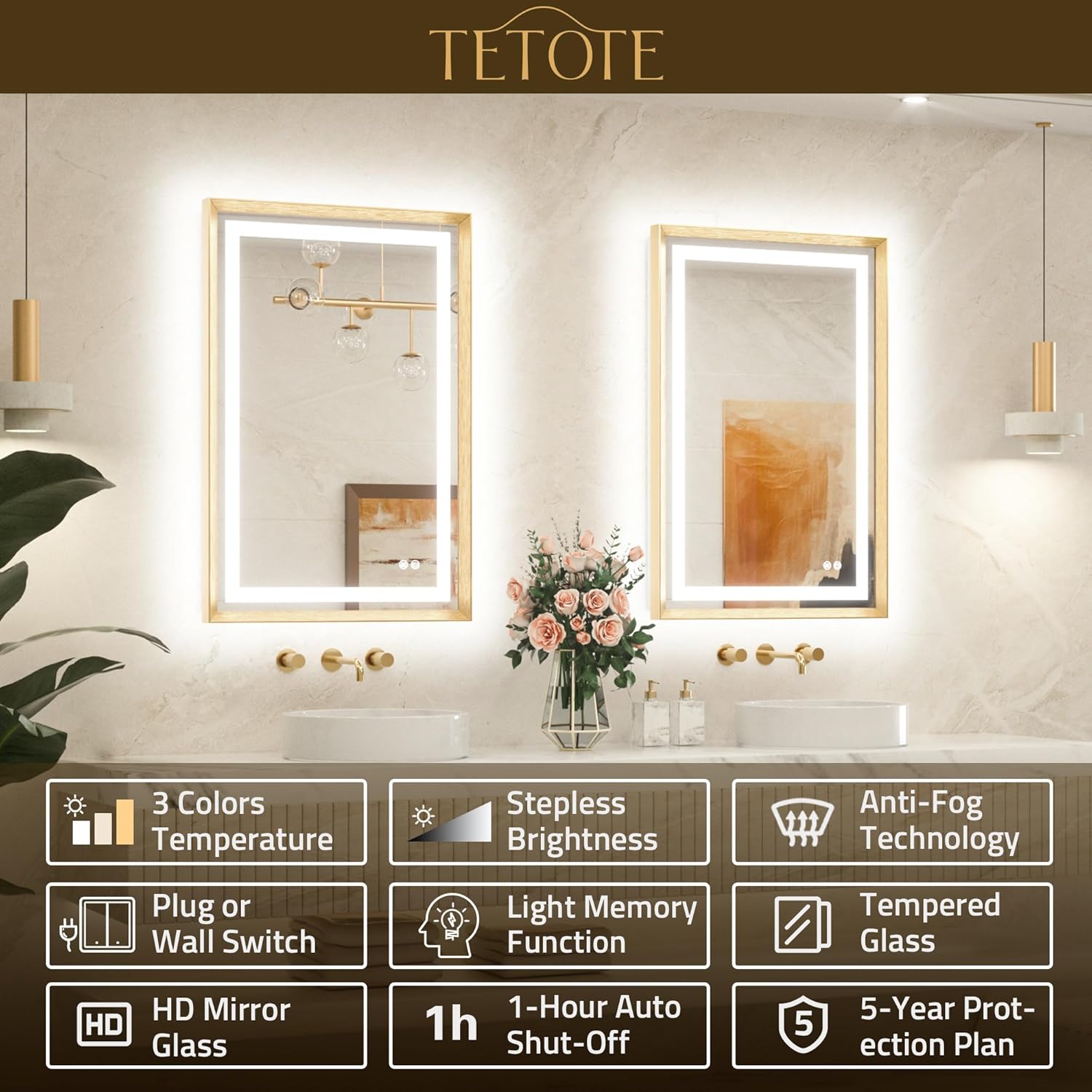 24 x 36 Bathroom LED Mirror Brushed Gold Metal Frame Frontlit & Backlit Vanity Mirror Anti-Fog Stepless Dimmable 3