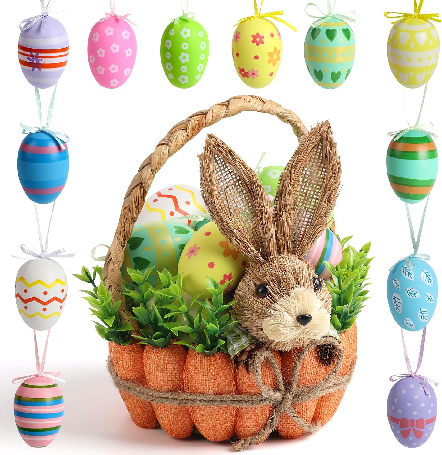 Easter Basket Decoration with Handle, Handmade Straw Bunnies, 12 Hanging Easter Eggs,Carrot Baskets for Easter Egg