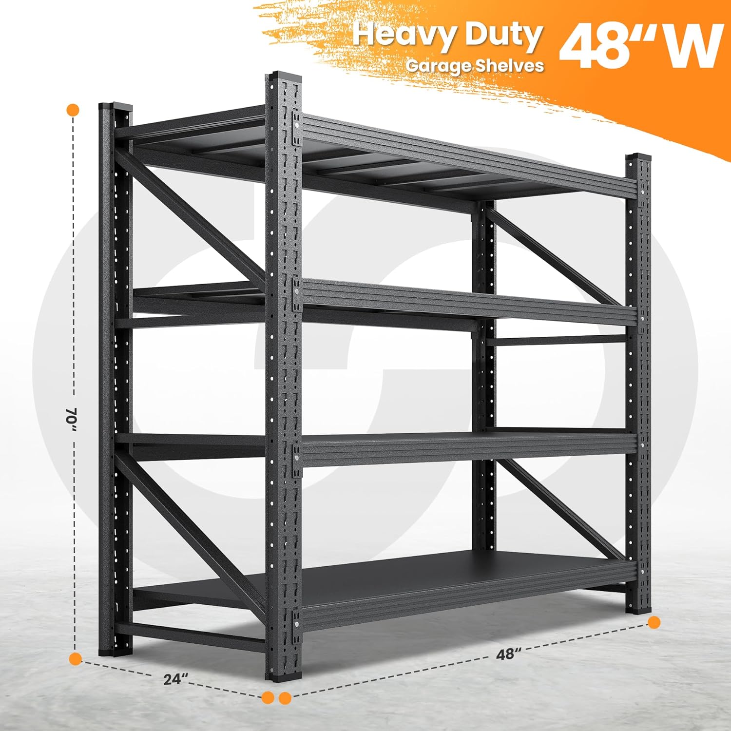 48" W Metal Storage Shelves Heavy Duty, 3000LBS Garage Shelving Units, 4 Tier Tall Metal Shelving, 24" Deep Steel