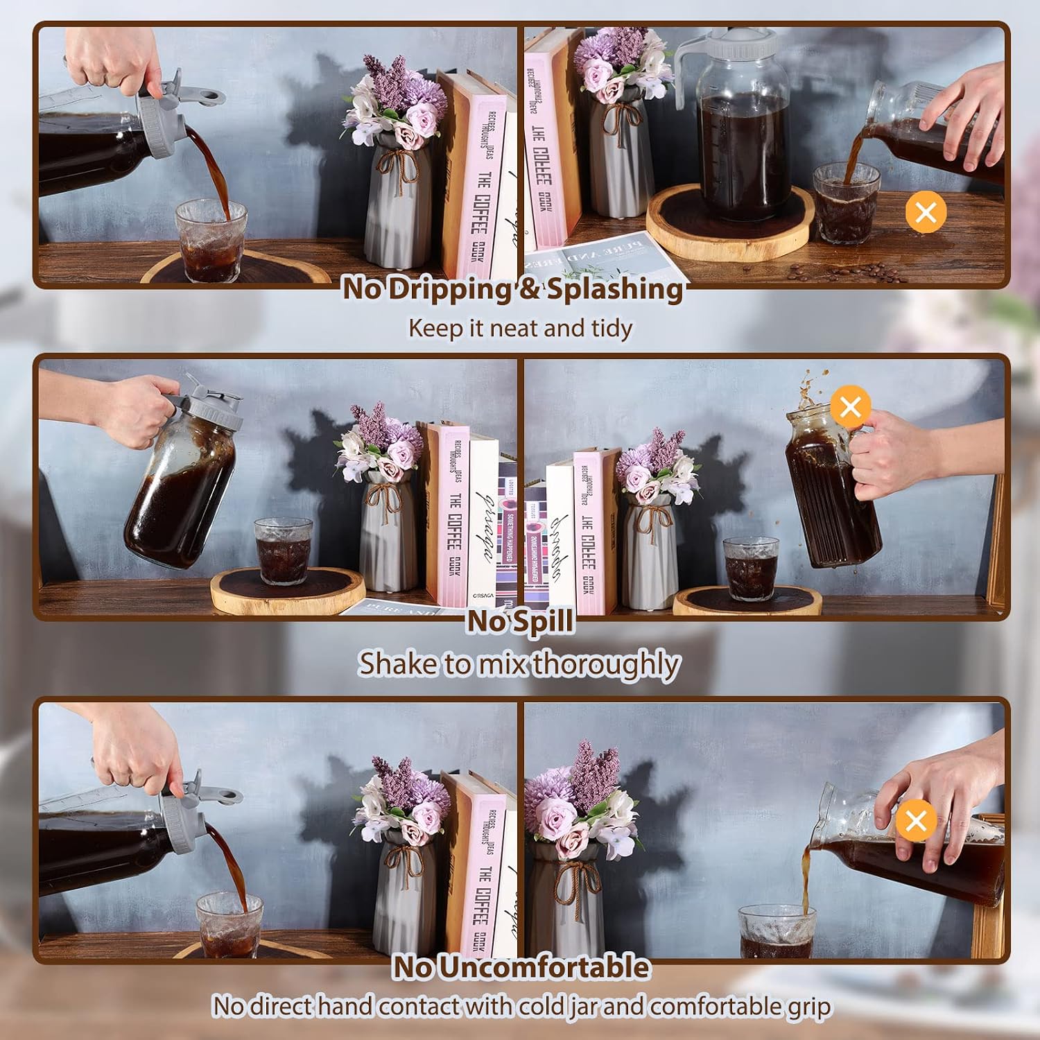 Cold Brew Coffee Maker Pitcher, 64 Oz Heavy Duty Wide Mouth Glass Mason Jar pour spout Lid with Stainless Steel