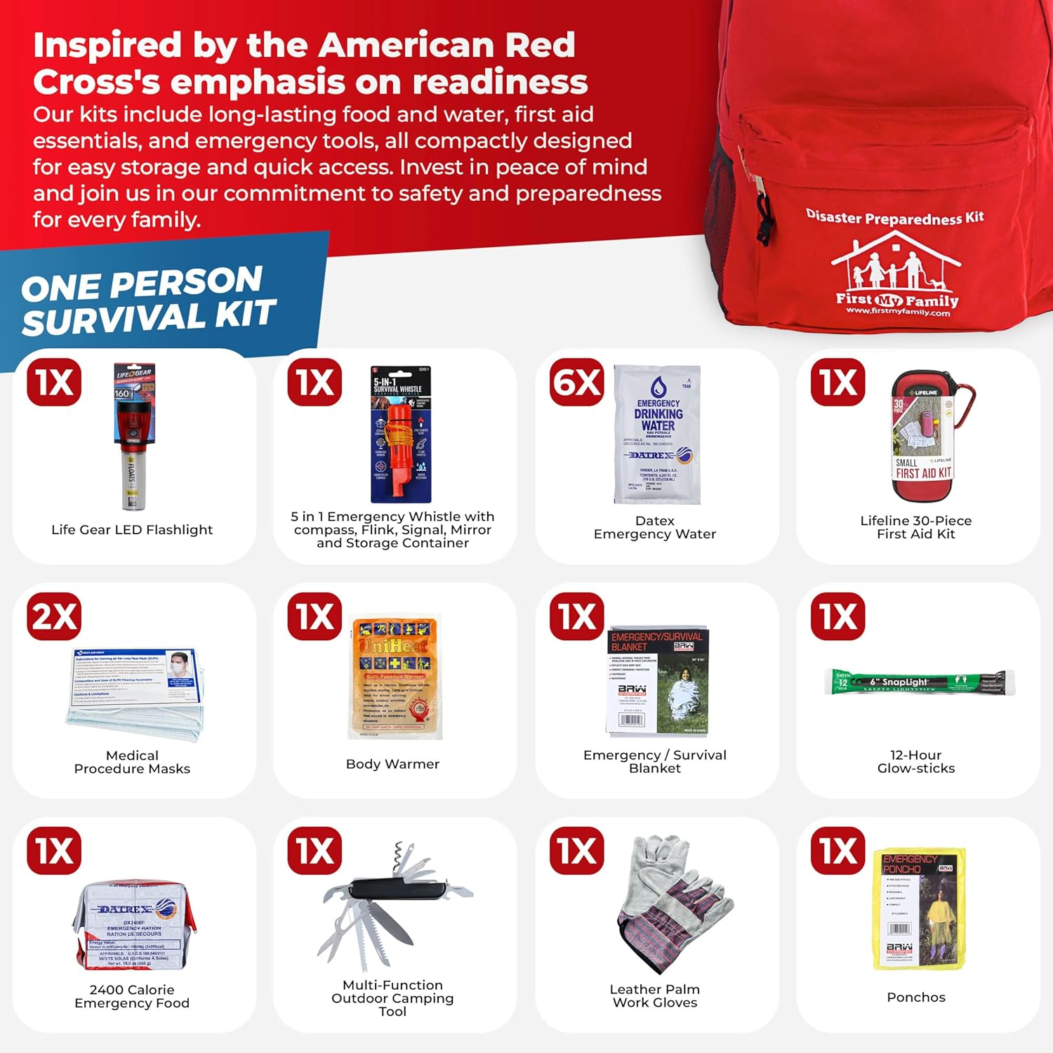 First My Family All-in-One Premium 1-Person, 72-Hour Bug Out Bag for Earthquakes, floods, tsunamis and Other