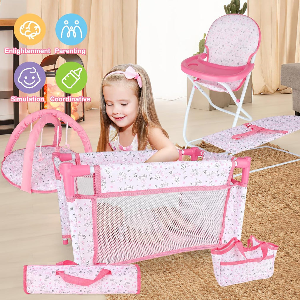 Baby Doll Accessories12-14 Doll Playset with High Chair Crib Bed Play Mat Storage Bag Handbag - 6 in 1 Pink Dolls