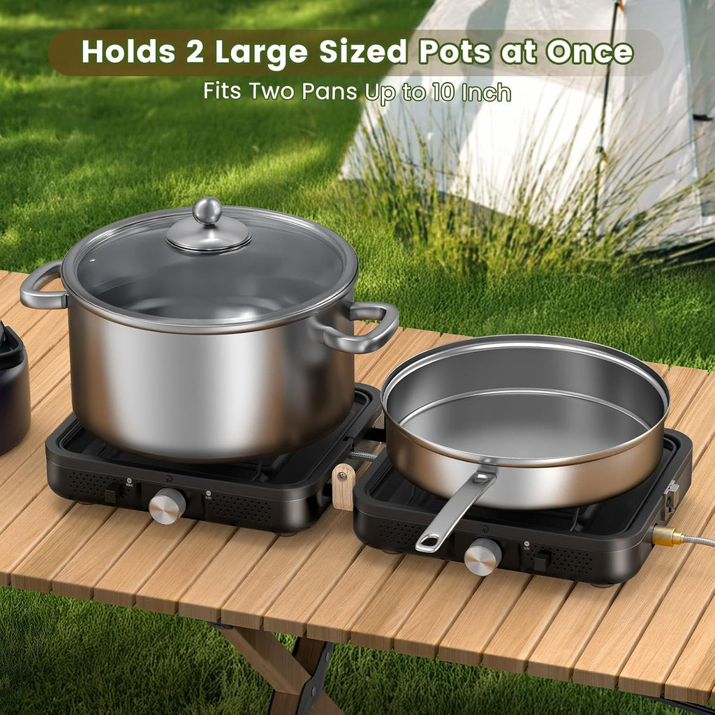 2-Burner Foldable Camping Stove with Griddle (Textured & Smooth) and Carrying Bag, Portable Propane Camp Stove with 2