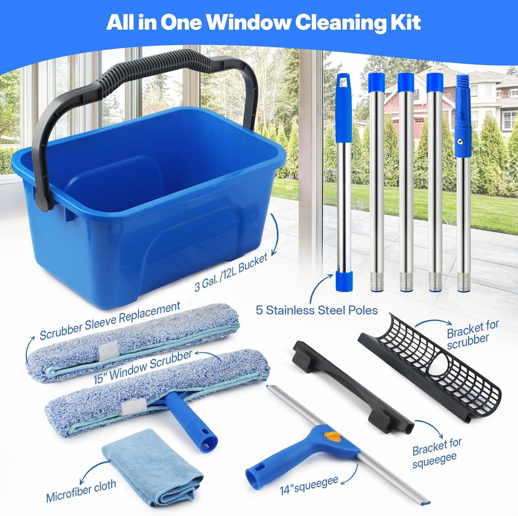 Professional Window Cleaning Kit with Bucket 3 Gallon, 76" Long Handle Window Squeegee and Microfiber Scrubber, High