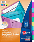 Big Tab Insertable Plastic 2 Pocket Dividers for 3 Ring Binders, 8 Tab Set, Bright Two-Tone Multicolor, Works with