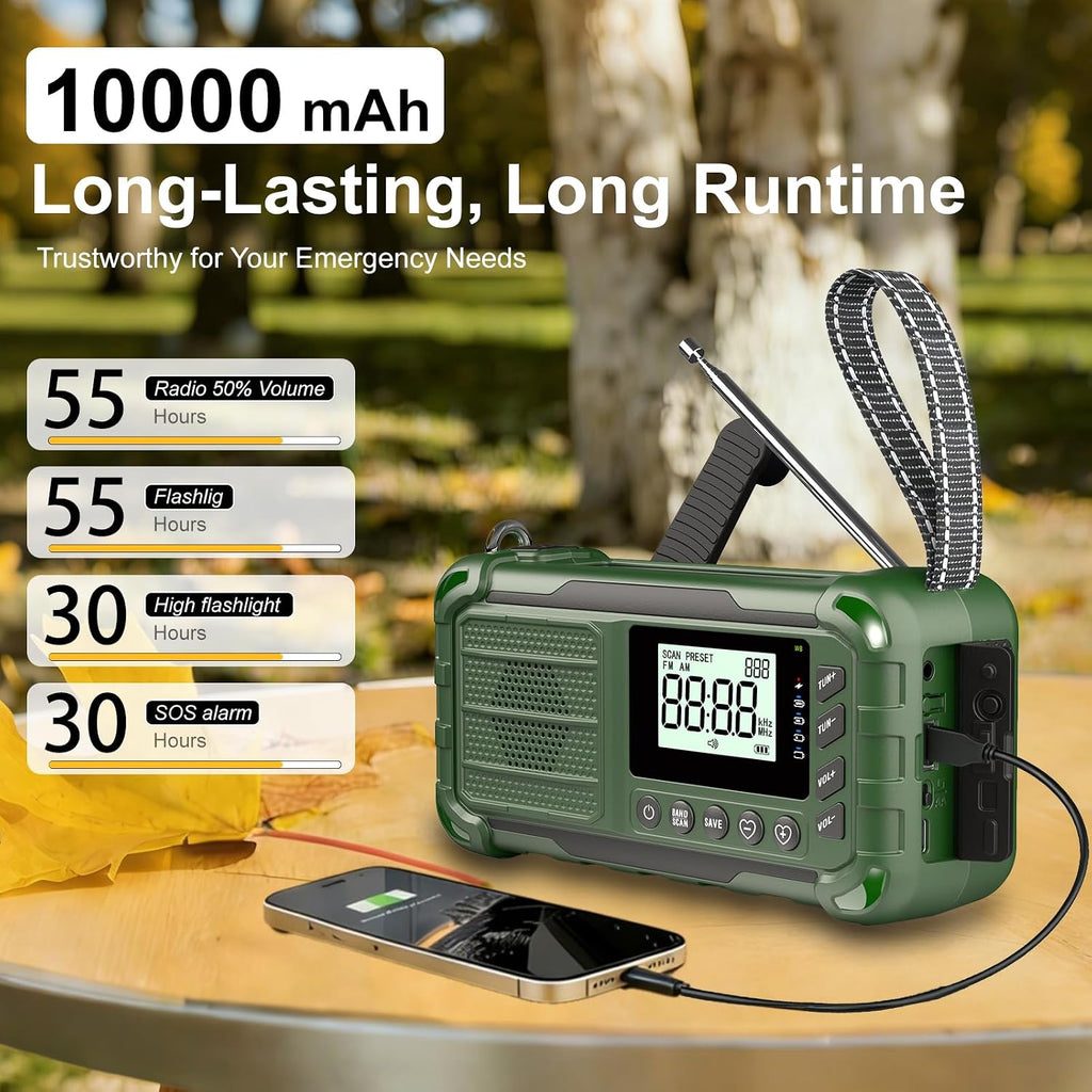 NOAA Weather Radio Emergency, 10000mAh Solar Hand Crank Radio | Replaceable Battery, AM/FM Battery Operated, USB-C