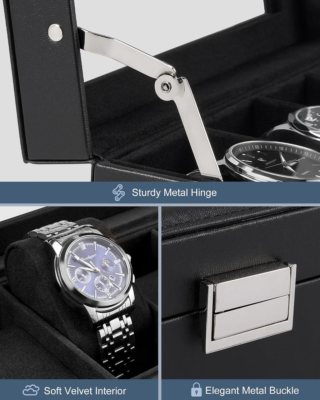 6-Slot Watch Case for Men, Mens Jewelry Box with Glass Lid -Black | Watch & Jewelry Box with Drawer, Easy-Clean PU