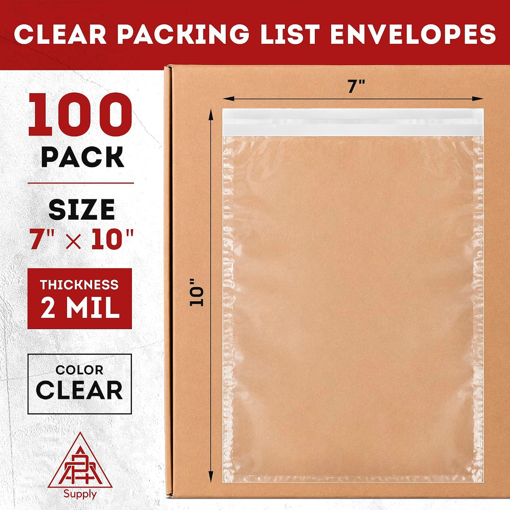 Clear Packing List Envelopes, 7 x 10 Inch Self Seal Shipping Document Pouches, 100 Pack for Business Warehouse E