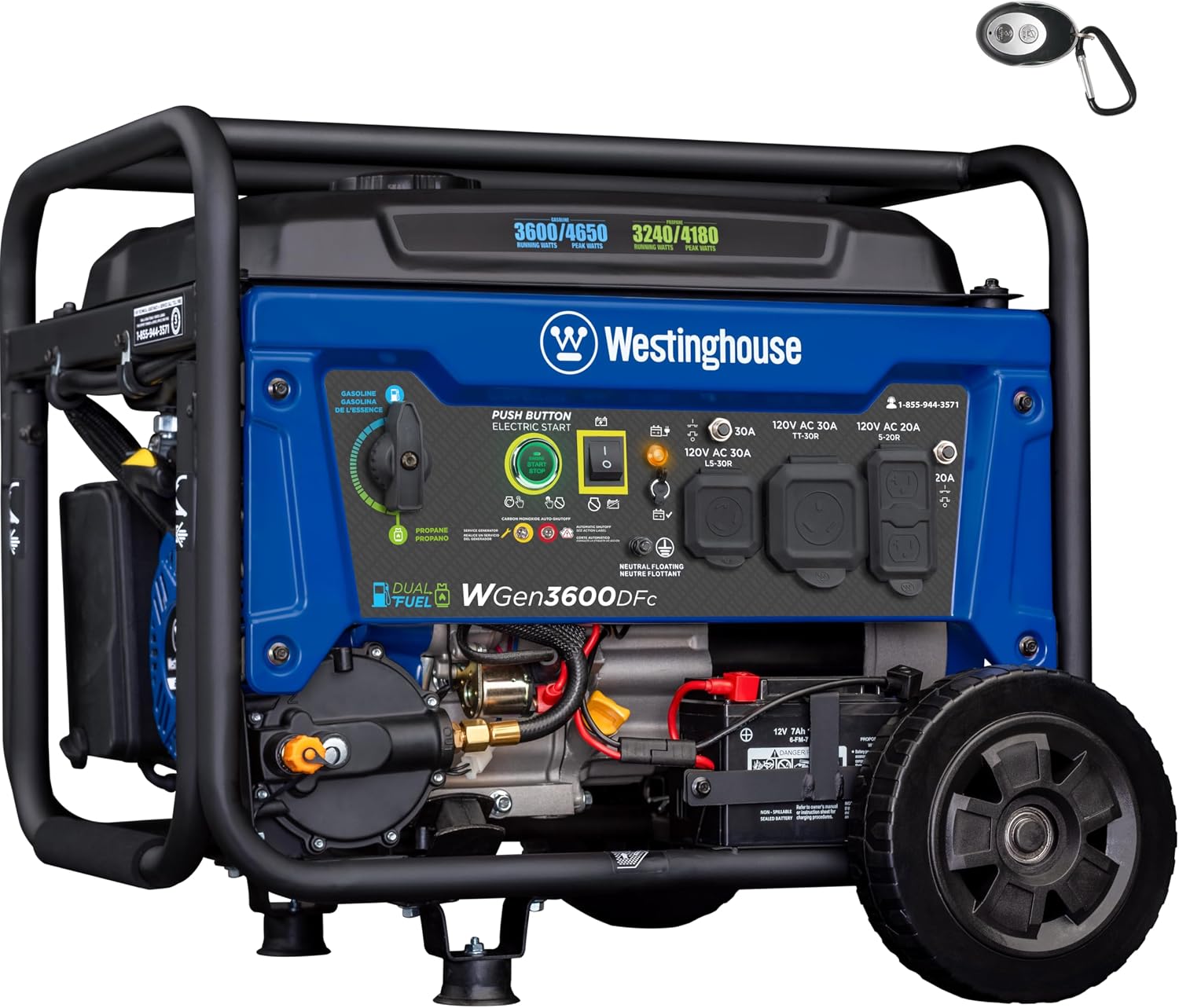 4650 Peak Watt Dual Fuel Portable Generator, Remote Electric Start with Auto Choke, RV Ready 30A Outlet, Gas &