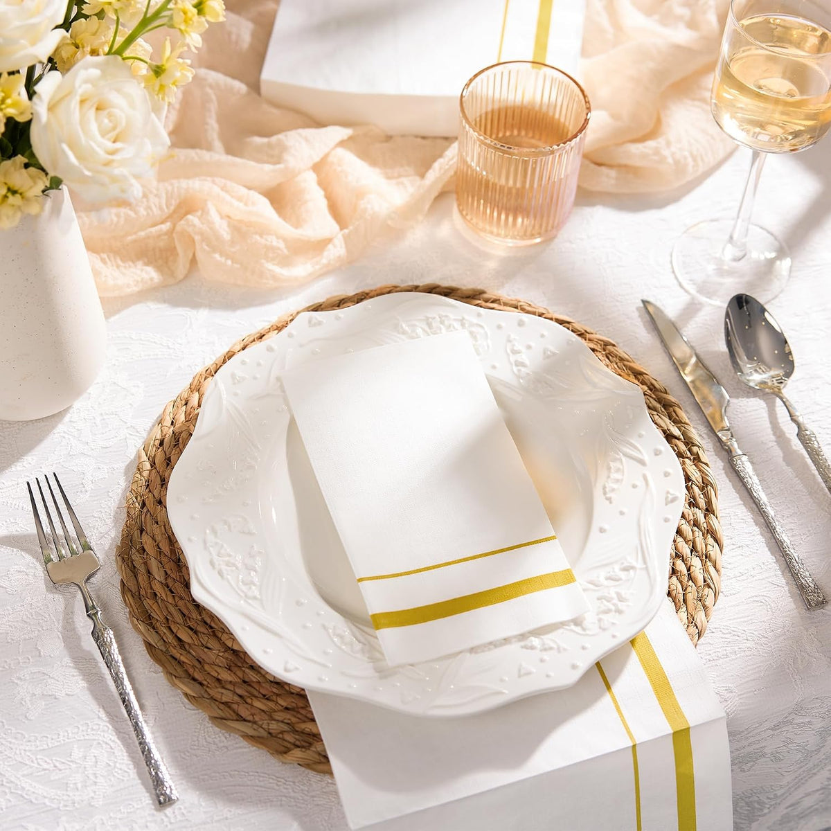 200 Pack Disposable Paper Napkins, White & Gold Trim Dinner Napkins