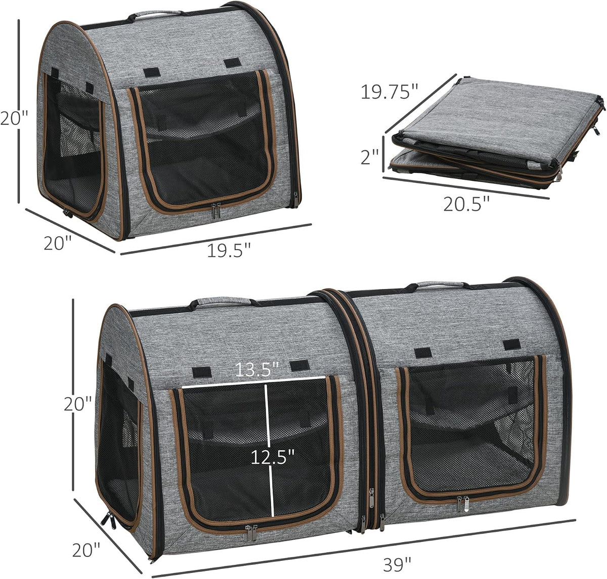 39" Portable Soft-Sided Cat Carrier, Two Compartments, Light Gray