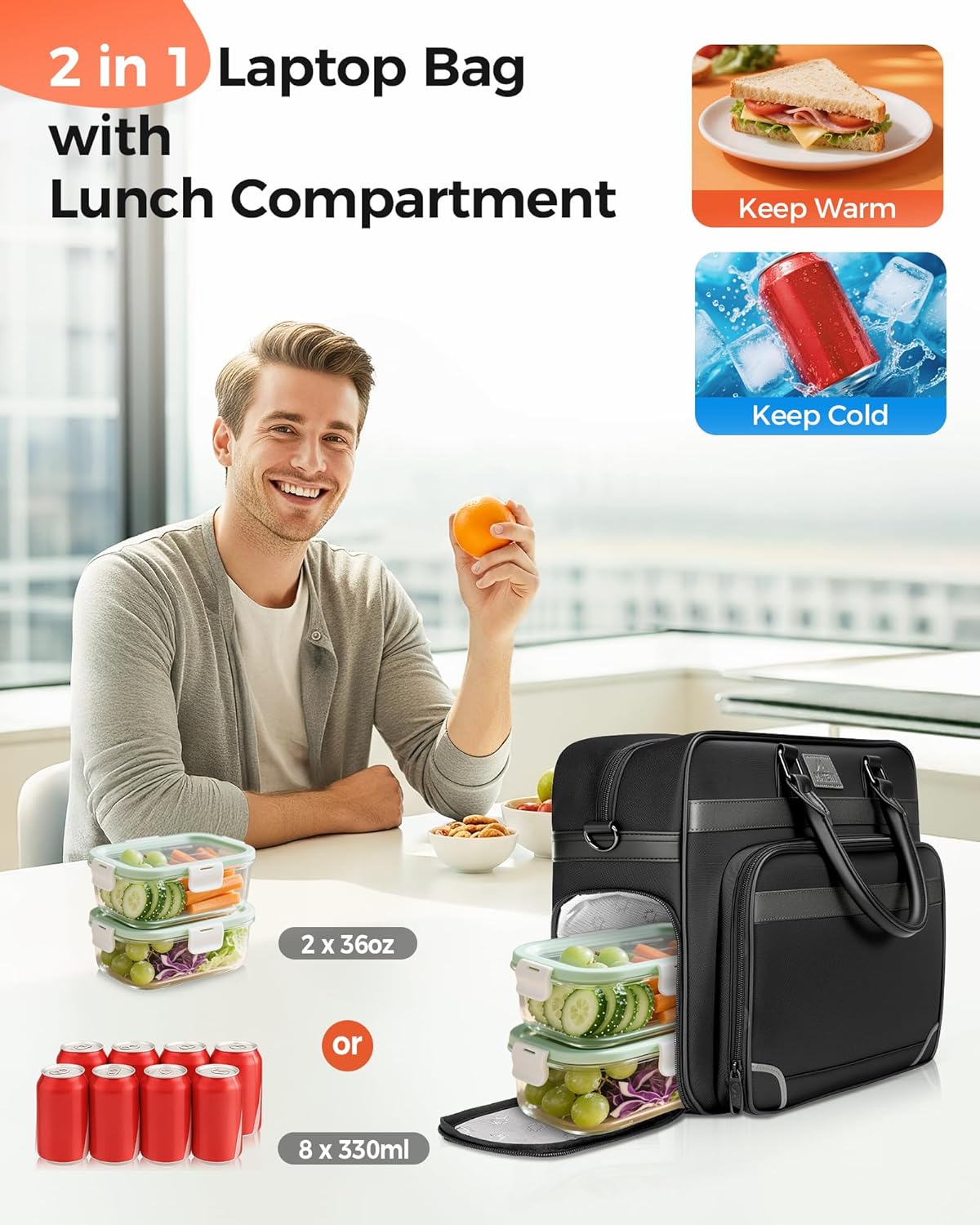 Laptop Bag with Insulated Lunch Compartment, 16 Inch Men Lunch Bags for Work, Water Resistant Anti Theft Business