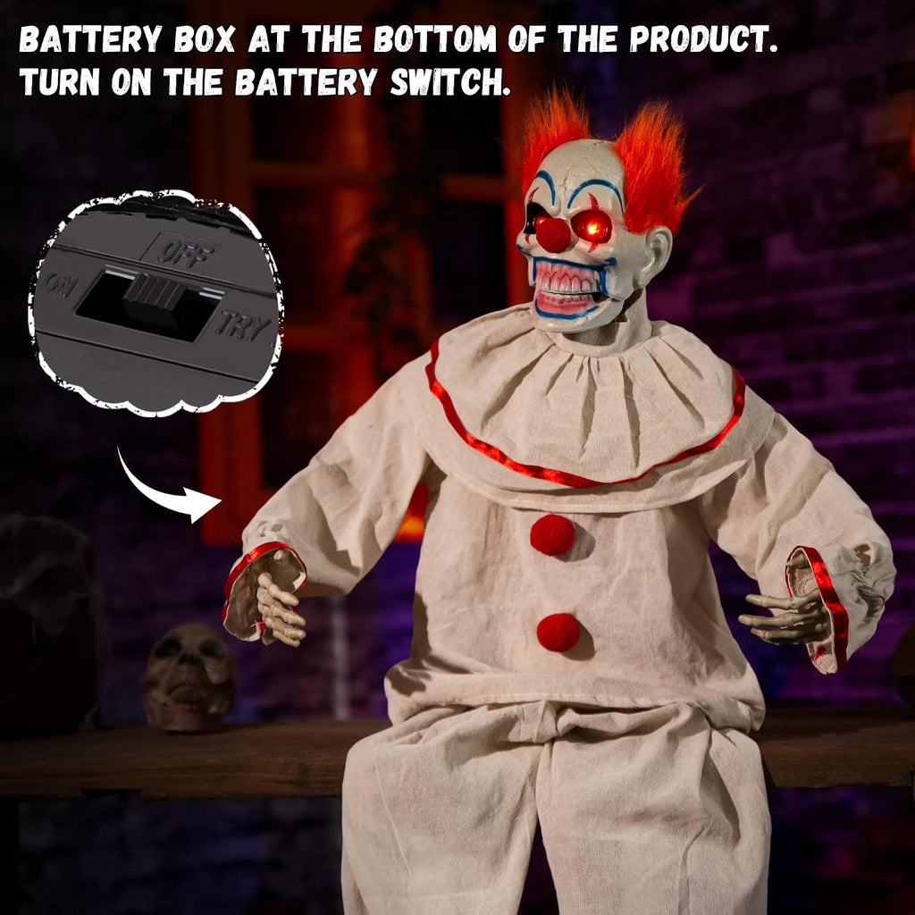 Halloween Animatronic Sitting Clown, Halloween Animated Decorations with Sound Activated, Creepy Sound, Light Up