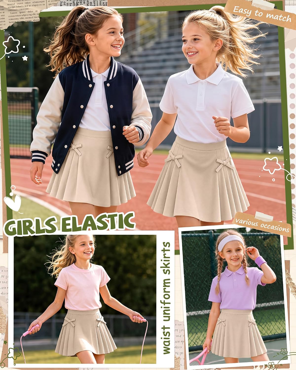 Girls Pleated School Uniform Skorts, Khaki, 13-14 Years | Elastic Waist, Bow Detail, Pleated Skirt Look, Built-in