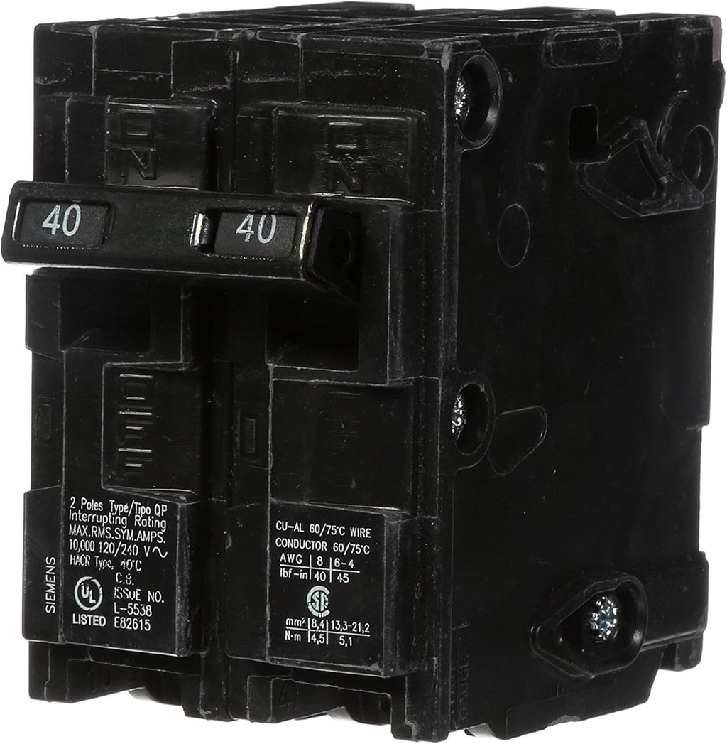 Siemens 40-Amp Double Pole and 15-Amp Single Pole Type QP Circuit Breakers, Black